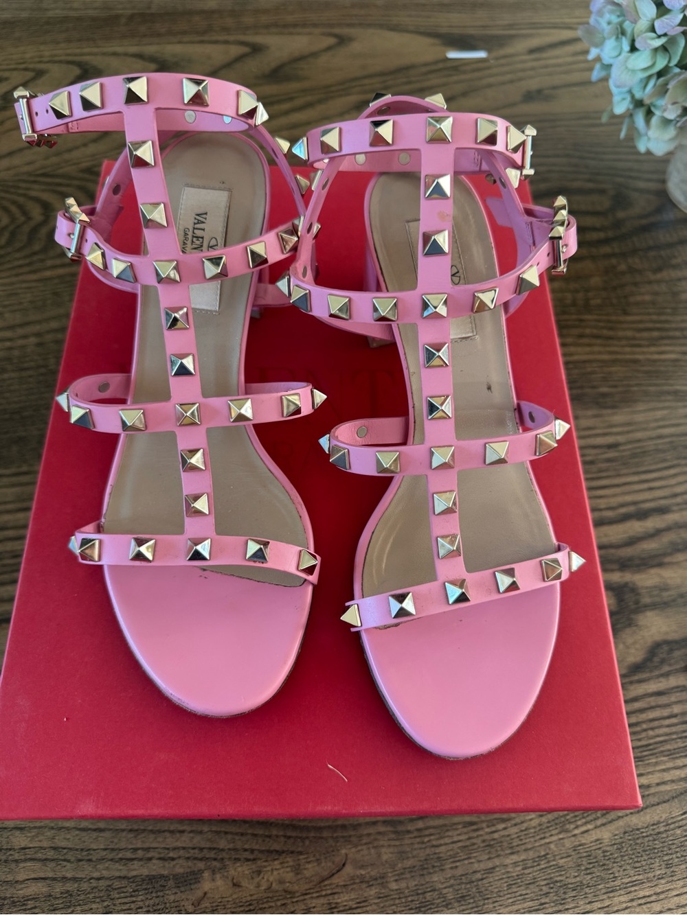 Valentino Garavani Pink Rockstud T-Strap Sandals